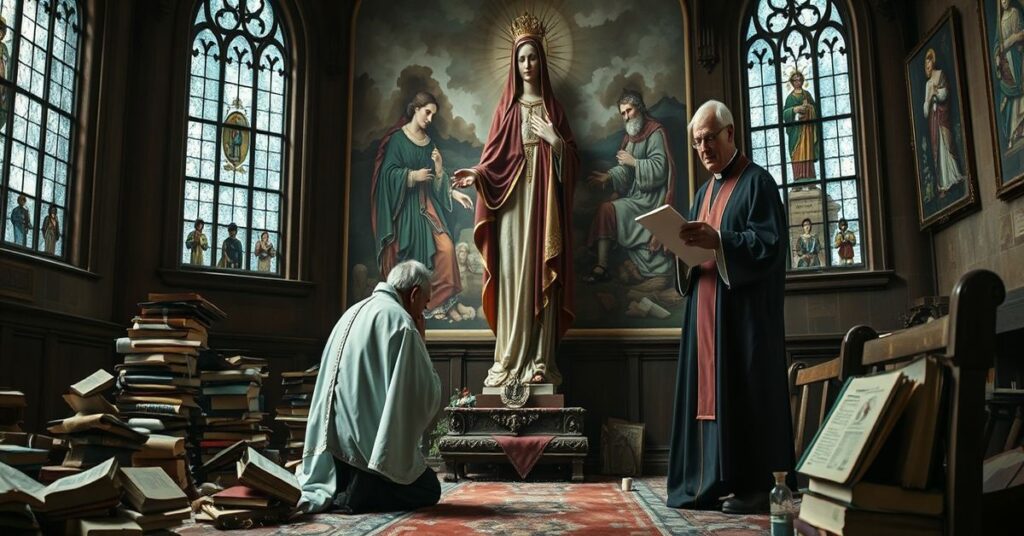 Tradycyjny katolicki ksiądz modli się przed zniszczonym posągiem Matki Bożej w opuszczonej kaplicy podczas gdy modernistyczny akademik trzyma nowy statut
