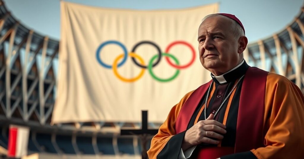 Tradycyjny biskup w szatach liturgicznych stoi przed nowoczesnym stadionem olimpijskim w Mediolanie-Cortinie, symbolizując krytykę fałszywego pokoju.