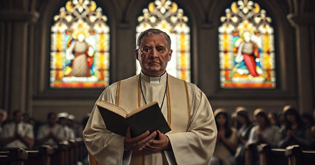 Ksiądz w tradycyjnym ornaty stoi w starożytnym kościele, trzymając zamkniętą księgę. W tle grupy migrantów w nowoczesnym ubraniu modlą się na kolanach. Scena jest ramowana przez witraże z Chrystusem Królem.