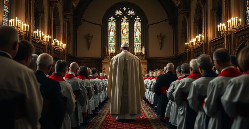 Requiem dla prawdziwej wiary katolickiej, obraz krytyki nowoczesnego kultu i fałszywego papieża w tradycyjnej świątyni
