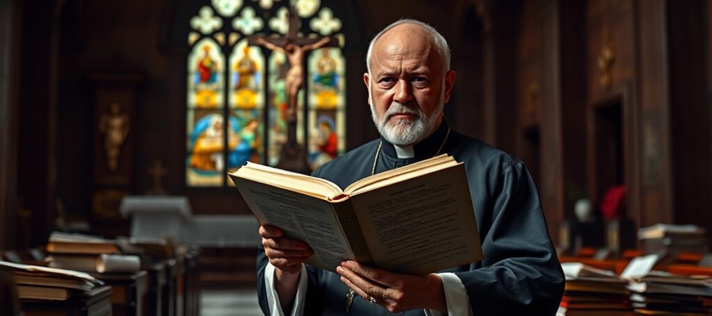 Ksiądz w tradycyjnym stroju kościelnym trzymający Biblię w ciemnej kaplicy z witrażem przedstawiającym Ostatnią Wieczerzę