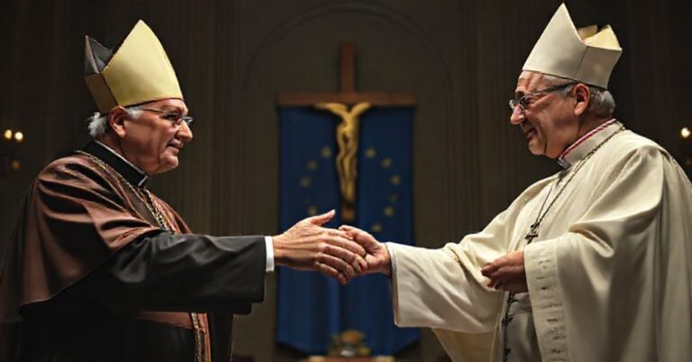 Seriozę portret dwóch biskupów w tradycyjnym stroju episkopalnym, tekstura tła sugeruje tradycyjne elementy kościelne z zewnętrznymi politycznymi symbolami