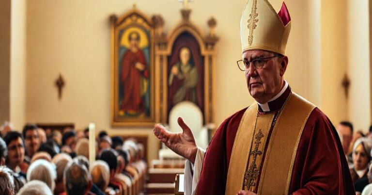 Biskup w tradycyjnym stroju liturgicznym podczas Mszy św. w Opolu, krytykujący redukcję pokoju do humanitarnego sentymentalizmu bez uznania Królowskiego panowania Chrystusa.