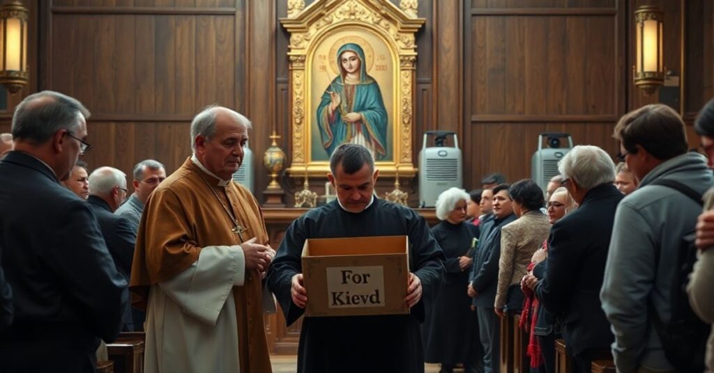 Tradycyjni duchowni w suterenie przed ołtarzem z pudełkiem zbiórki na Kijów, na tle ikony Matki Bożej i nowoczesnych generatorów.