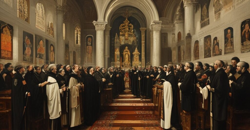 Sobór katolicki z tradycyjnym ołtarzem i zebranymi wiernymi, symbolizujący krytykę procesu beatyfikacyjnego ojca Józefa Andrasza SJ i Heleny Kowalskiej