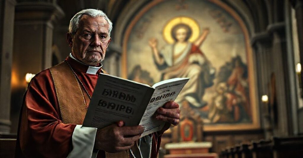 Priest w tradycyjnym stroju liturgicznym trzyma raport SIPRI w kościele, symbolizując krytykę przemysłu zbrojeniowego z katolickiego punktu widzenia.