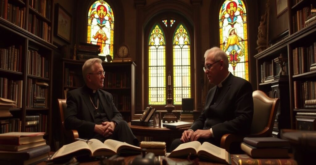 Seriozni dziennikarze katolickie JD Flynn i Ed Condon siedzą w tradycyjnym gabinecie pełnym książkami i artefaktami religijnymi.