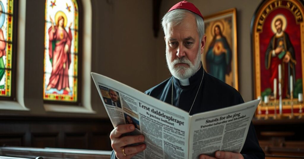 Kleryk w tradycyjnym stroju kościelnym czytający ostrzegawczy artykuł w Tygodniku Powszechnym o relatyizmie społecznym. Na tle ikona św. Serca Jezusa.