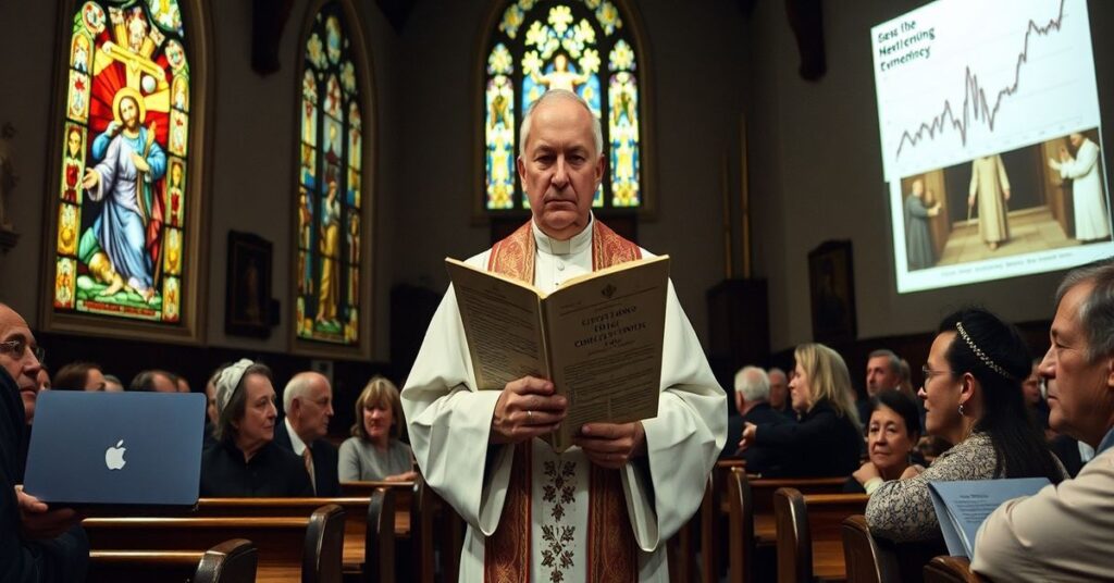 Ksiądz katolicki trzymający encyklikę Quadragesimo Anno z tłem przedstawiającym wzrost cen i społeczne niepokój.