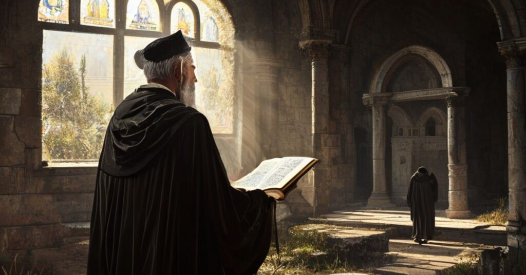 Tradycyjny ksiądz w ornaty stoi przed ruinami przedsoborowego kościoła w porównaniu do nowoczesnej kaplicy na tle. David Henrie odchodzi od rozmytego ekranu emitującego serial EWTN 'Seeking Beauty'. Scena jest oświetlona przygasłym światłem popołudniowym filtrującym się przez witraże.