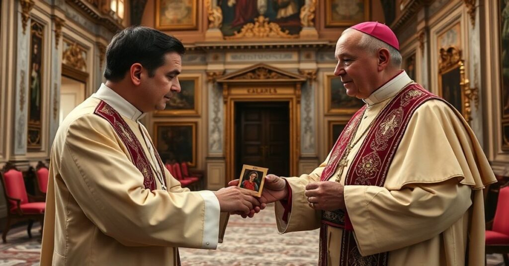 Tradycyjny katolicki obraz spotkania Davida Ryana z fałszywym papieżem Leo XIV w Watyzkanie