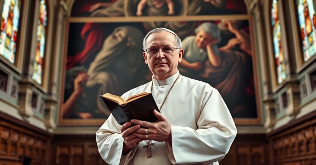 Kardynał w tradycyjnym szacie kościelnej stoi w katedrze z biblią w ręku, wyrażając głęboki smutek z powodu światowego ruchu "pro-life"