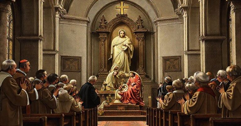 Uroczysty wizerunek Świętej Rodziny w tradycyjnym katolickim kościele podczas krytyki modernistycznego redukcjonizmu na sympozjum w Licheniu.