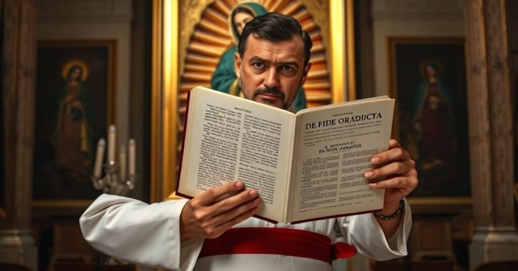 Katolicki ksiądz w tradycyjnym stroju kościelnym przeczytający dzieło św. Jana z Damaszku na tle wątpliwego obrazu z Guadalupe.