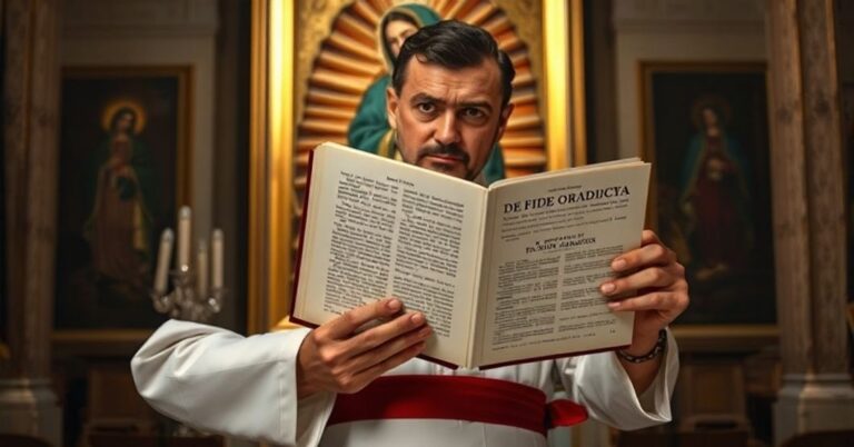 Katolicki ksiądz w tradycyjnym stroju kościelnym przeczytający dzieło św. Jana z Damaszku na tle wątpliwego obrazu z Guadalupe.