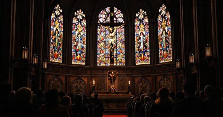 Poważna wnętrze kościoła z tradycyjnymi witrażami przedstawiającymi ludzi modlących się przed krzyżem. Scena podkreśla konieczność prawdziwego Kościoła dla zbawienia i powagę sakramentów.