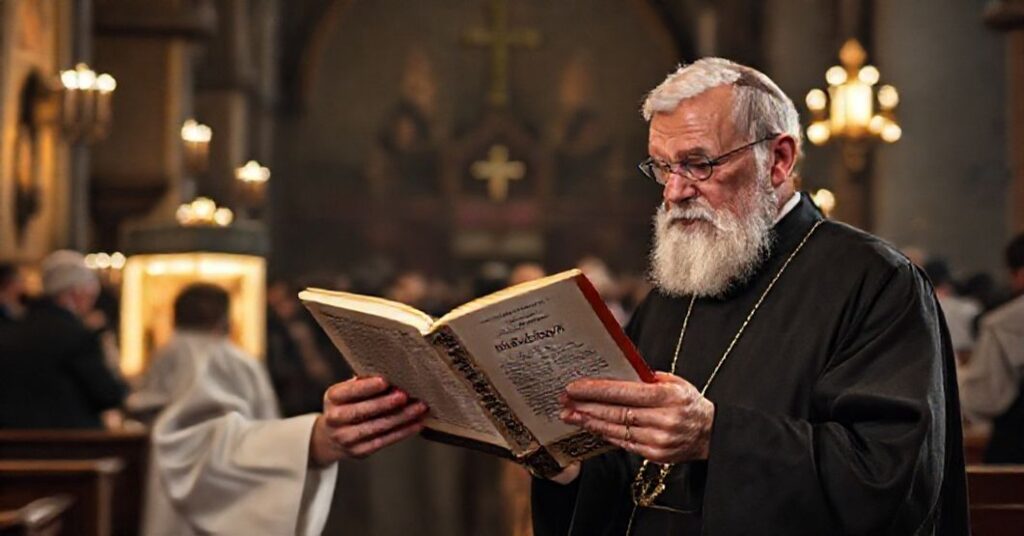 Tradycyjny ksiądz katolicki krytycznie przeszkadza nowoczesną książką o tematyce religijnej na targach książki katolickich