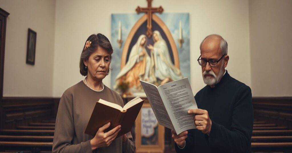 Kobieta modli się przed kaplicą w Tradycyjnym Kościele Katolickim podczas lektury dokumentu o wspólnocie Sychar