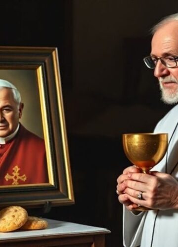 Krytyka modernistycznej wystawy na KUL poświęconej Karolowi Wojtyle Tradycyjny ksiądz w sutannie w kaplicy z troskliwym wyrazem twarzy patrzący na fotografię Karola Wojtyły otoczoną kulinarnymi elementami.