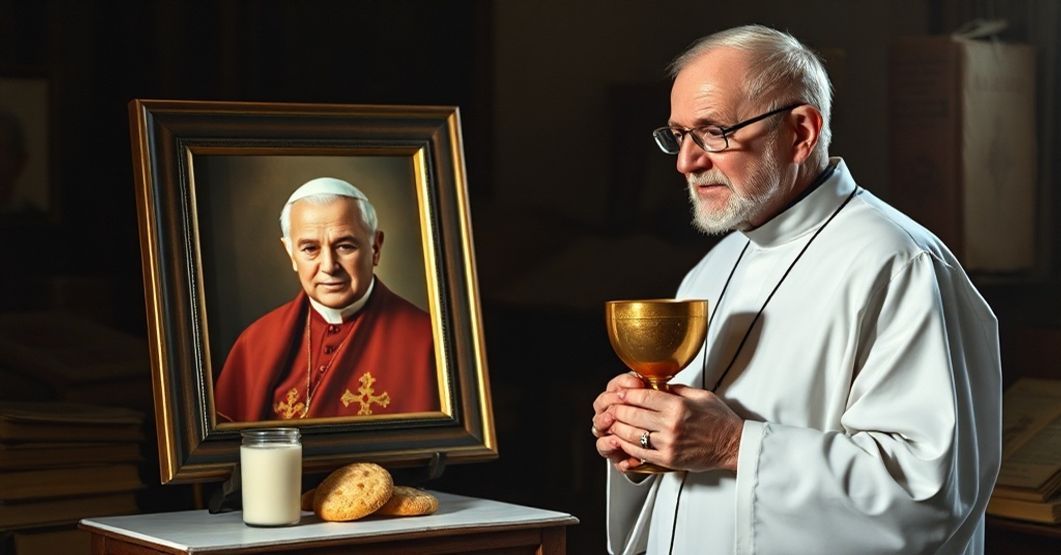 Tradycyjny ksiądz w sutannie w kaplicy z troskliwym wyrazem twarzy patrzący na fotografię Karola Wojtyły otoczoną kulinarnymi elementami.