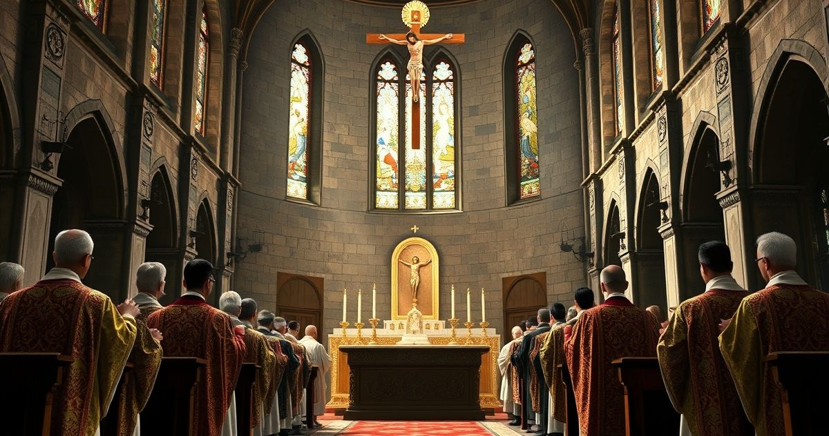 Reprezentacja katolickiej krytyki ekumenizmu w tradycyjnym kościele Obraz ukazujący katolicką troskę o prawdziwą wiarę i krytykę ekumenizmu w tradycyjnej świątyni