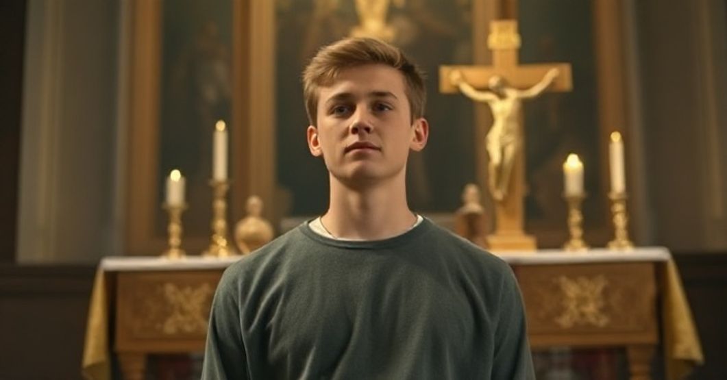 Realistyczne zdjęcie młodego mężczyzny w zwyczajnych ubraniach, symbolizujące krytykę modernistycznego podejścia do kanonizacji w Kościele katolickim.