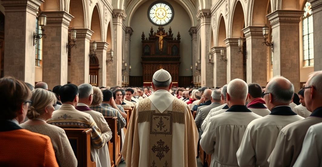 Rewersyjna scena liturgiczna w tradycyjnym kościele katolickim, ukazująca duchownego podczas ceremonii, symbolizująca krytykę kontrowersyjnej kanonizacji