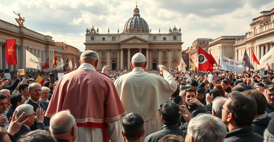 Krytyczny obraz tradycyjnego katolickiego zgromadzenia z papieżem w kontekście współczesnych celebracji Siedzący w splendorze tradycyjnego katolickiego wystroju, papież w sutannie, w otoczeniu wiernych, symbolizujący krytykę współczesnych celebracji, skupiony na modlitwie i czci Chrystusa Króla, z powściągliwą powagą i głębokim szacunkiem dla tradycji.