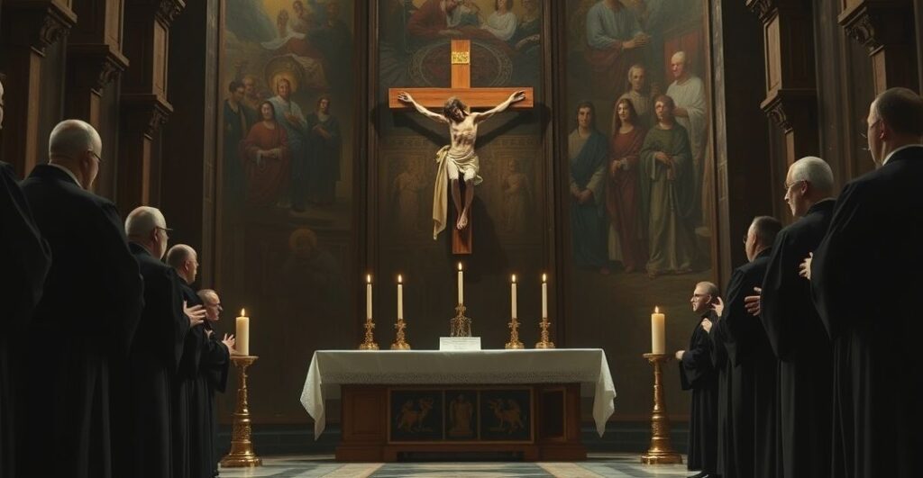 Sentymentalne, realistyczne zdjęcie przedstawiające tradycyjny katolicki ołtarz z krucyfiksem, z duchownymi w czarnych sutannach, symbolizujące krytykę modernistycznych błędów w Kościele
