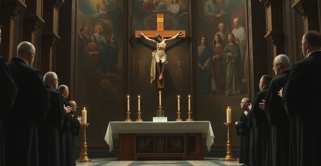 Requiem katolickiego prawdziwego chrześcijaństwa - krytyka modernistycznych błędów Sentymentalne, realistyczne zdjęcie przedstawiające tradycyjny katolicki ołtarz z krucyfiksem, z duchownymi w czarnych sutannach, symbolizujące krytykę modernistycznych błędów w Kościele