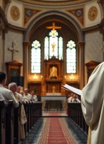 Krytyczna scena kościelna ukazująca spór o tradycyjną wiarę i modernizm Scena kościelna z duchownymi podczas homilii, ukazująca krytykę modernistycznych tendencji w Kościele katolickim, z poważnym, refleksyjnym nastrojem.