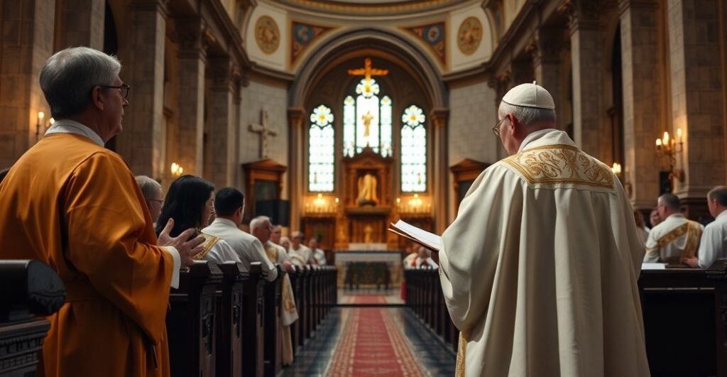 Scena kościelna z duchownymi podczas homilii, ukazująca krytykę modernistycznych tendencji w Kościele katolickim, z poważnym, refleksyjnym nastrojem.