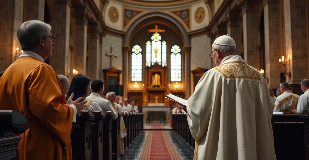 Scena kościelna z duchownymi podczas homilii, ukazująca krytykę modernistycznych tendencji w Kościele katolickim, z poważnym, refleksyjnym nastrojem.