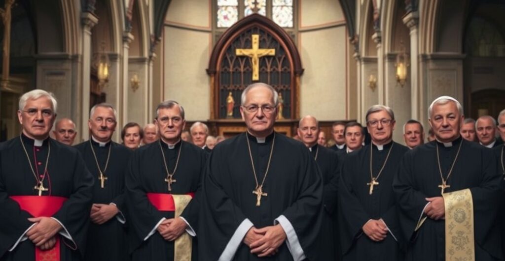 Szalona scena katolicka z duchownymi w tradycyjnych strojach, ukazująca powagę i krytykę nowoczesnych zmian w Kościele