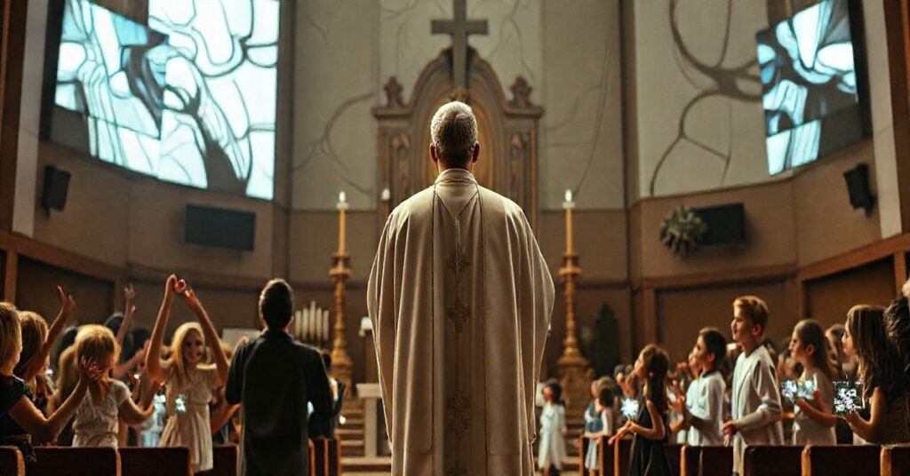 Realistyczny obraz katolickiego kapłana podczas kontrowersyjnej mszy bez ofiary, ukazujący krytykę modernistycznych praktyk religijnych