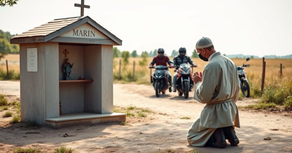 Realistyczny obraz katolickiego pielgrzyma modlącego się przy nieoficjalnym sanktuarium, symbolizujący krytykę nowoczesnej pseudo-pielgrzymki motocyklowej