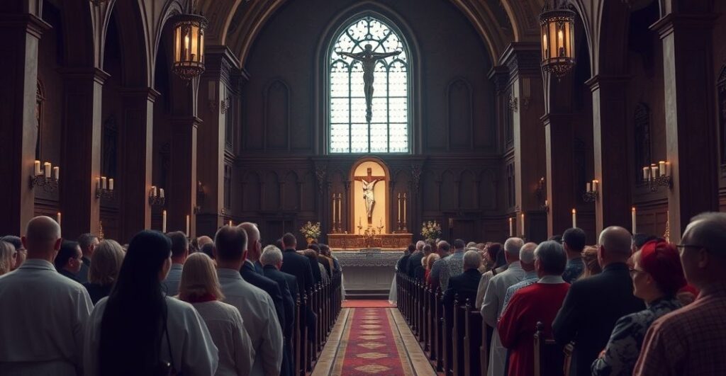 Obraz wiernych w tradycyjnym kościele katolickim, wyrażający krytykę nowoczesnych praktyk religijnych i odrzucenie fałszywego pocieszenia po Soborze Watykańskim II