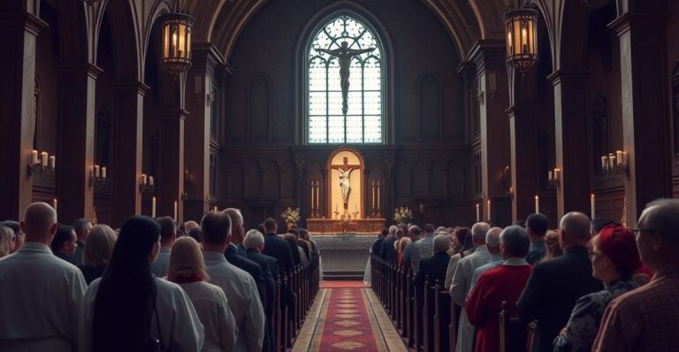 Obraz wiernych w tradycyjnym kościele katolickim, wyrażający krytykę nowoczesnych praktyk religijnych i odrzucenie fałszywego pocieszenia po Soborze Watykańskim II