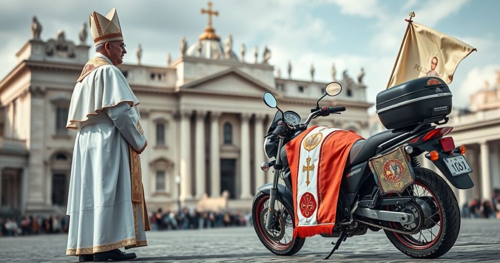 Kardynał w sutannie patrzący na motocyklista z papieskimi symbolami, symbolizujący krytykę modernistycznej profanacji sacrum w Watykanie
