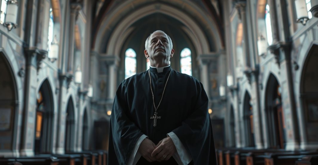 Kapłan w tradycyjnym habicie w kościele, wyraz powagi i krytyki nowoczesnych praktyk liturgicznych i pseudo-kanonizacji