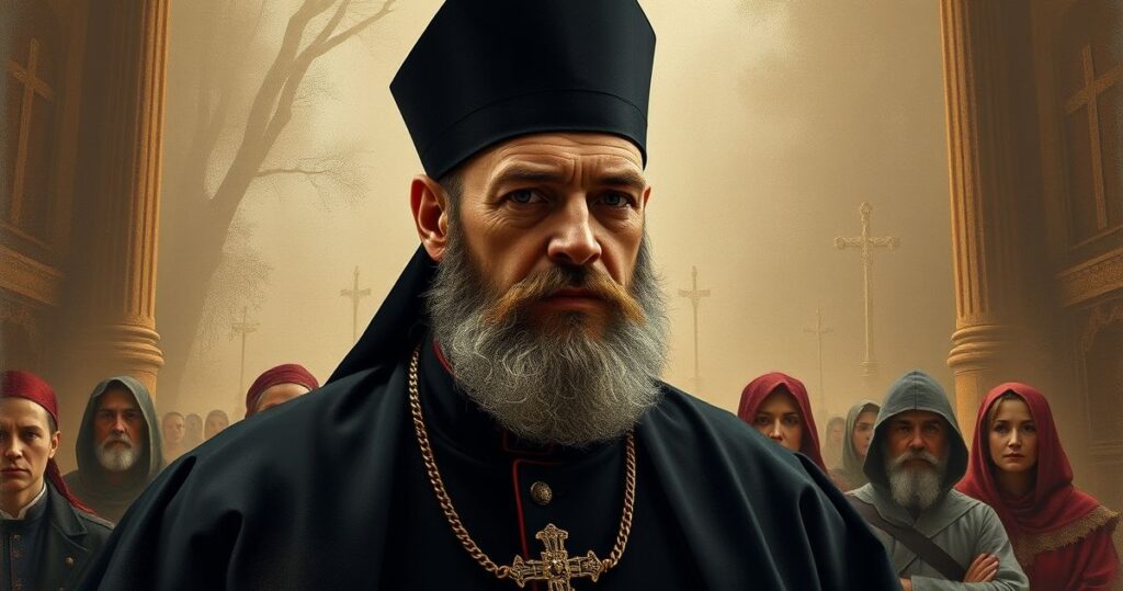 Realistyczny obraz katolickiego kapłana modlącego się przed krucyfiksem, wyrażający krytykę powierzchownej religijności i duchowego kryzysu.