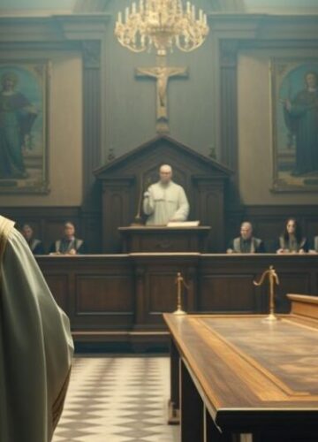 Krytyka sekularnej sprawiedliwości wobec Królestwa Chrystusa w katolickim ujęciu Reverent Catholic courtroom scene z kapłanem w tradycyjnych szatach, symbolizujący duchową sprawiedliwość wobec światowych tribunali