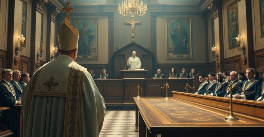 Krytyka sekularnej sprawiedliwości wobec Królestwa Chrystusa w katolickim ujęciu Reverent Catholic courtroom scene z kapłanem w tradycyjnych szatach, symbolizujący duchową sprawiedliwość wobec światowych tribunali