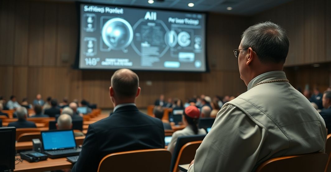 Szczegółowe, realistyczne zdjęcie katolickiego kapłana w uniwersyteckim otoczeniu, symbolizujące krytykę technokratycznej infiltracji Kościoła