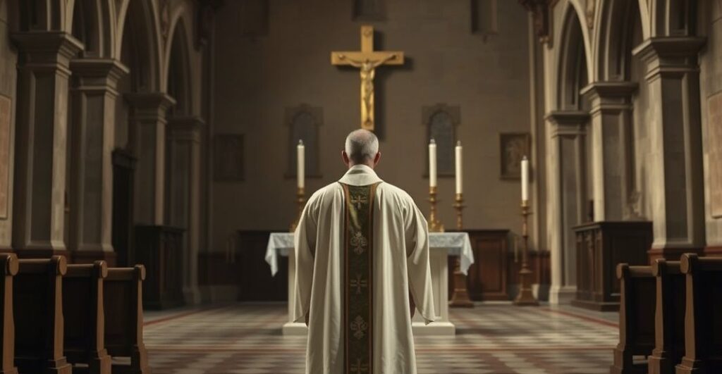 Szczególnie poważna scena katolicka w tradycyjnym kościele, krytyczna wobec nowoczesnych ceremonii, ukazująca duchową powagę i wierność doktrynie w kontekście kontrowersji wokół ekumenizmu i modernistycznej reformy