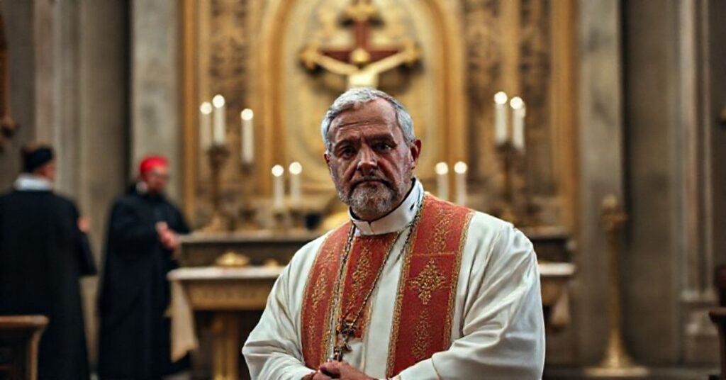 Tradycyjny kapłan w liturgicznych szatach stoi przed ołtarzem z krzyżem i zapalonymi woskowymi świecami, symbolizując kryzys autorytetu w Kościele.