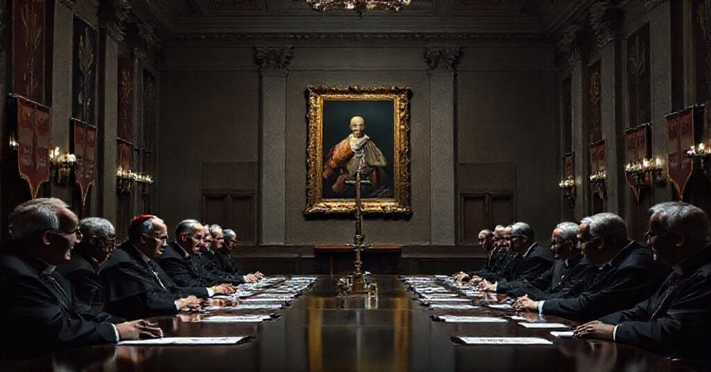 Pozornie uroczyste spotkanie anty-papieża Leona XIV z szefami modernistycznych dykasterii w Watykanie. Scena jest pozbawiona sakralnych symboli, z wyrazami biurokratycznej formalności.