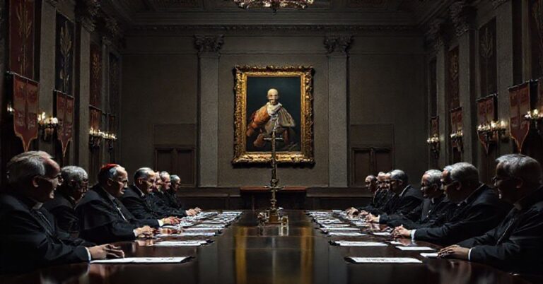 Pozornie uroczyste spotkanie anty-papieża Leona XIV z szefami modernistycznych dykasterii w Watykanie. Scena jest pozbawiona sakralnych symboli, z wyrazami biurokratycznej formalności.