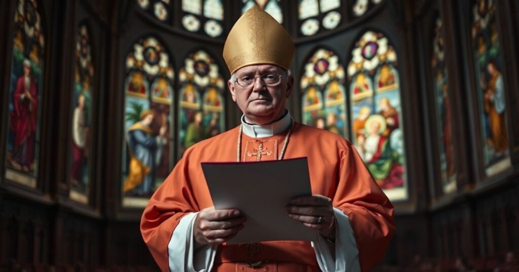 Biskup w tradycyjnych szatach liturgicznych trzyma dokument w katedrze, symbolizując kryzys autorytetu w strukturach posoborowych.