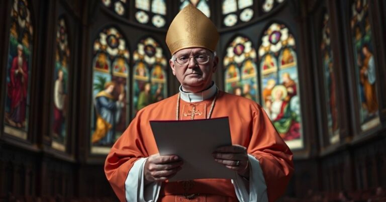 Biskup w tradycyjnych szatach liturgicznych trzyma dokument w katedrze, symbolizując kryzys autorytetu w strukturach posoborowych.
